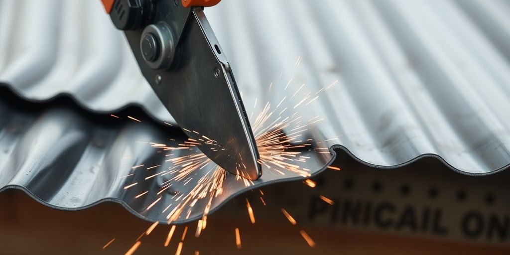 Metal roofing sheets being cut by power shears