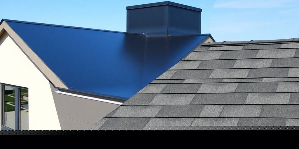 Single ply roof contrasted with asphalt shingles