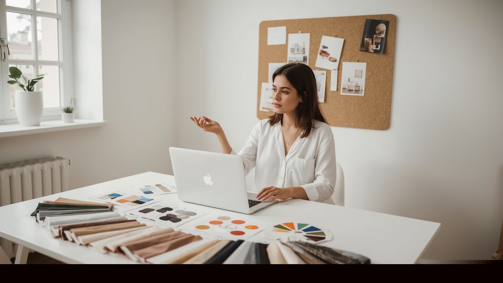Affordable interior designer reviewing mood board and fabric swatches at a bright home workspace