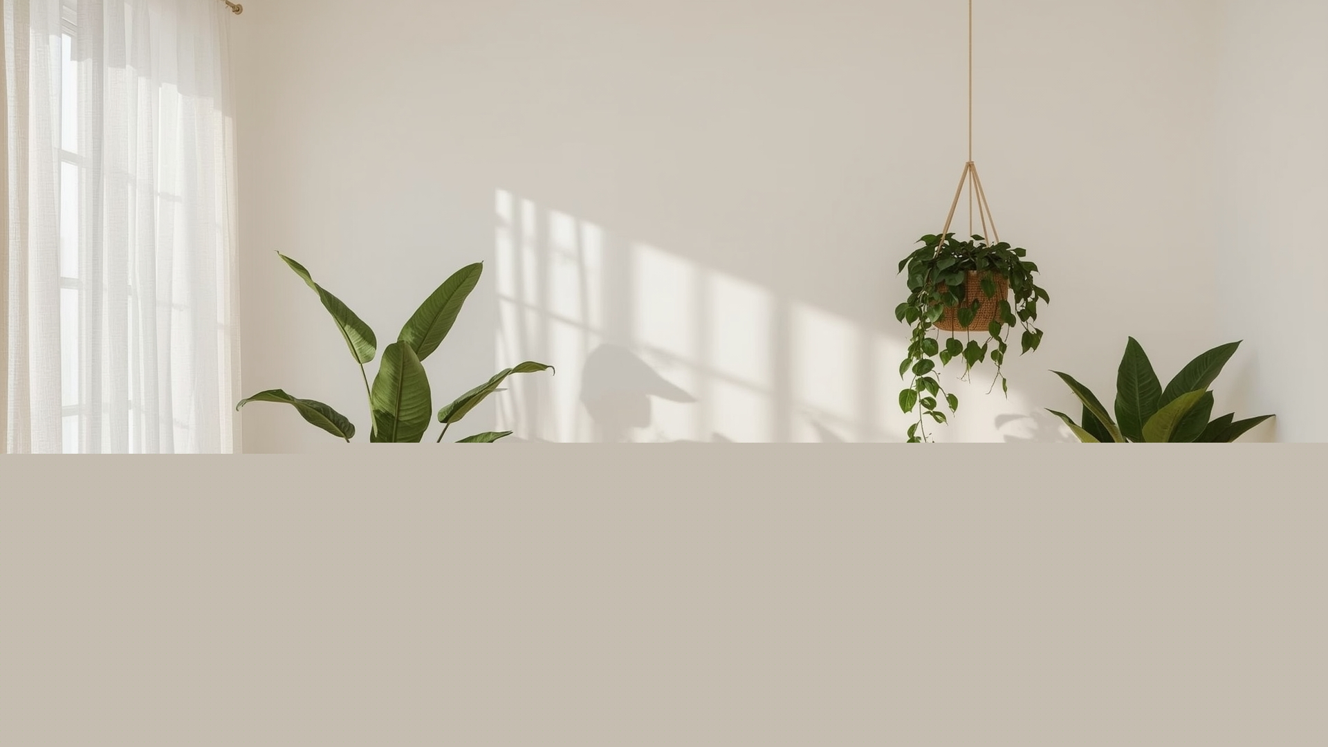 Biophilic living room with monstera, pothos, and snake plants at multiple heights