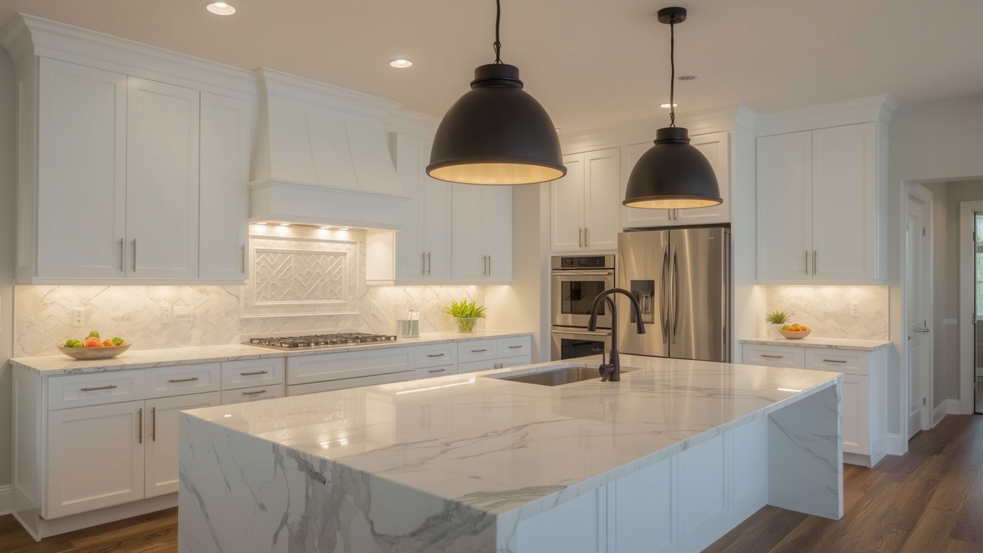 Modern kitchen interior lighting with recessed lights under-cabinet strips and island pendants