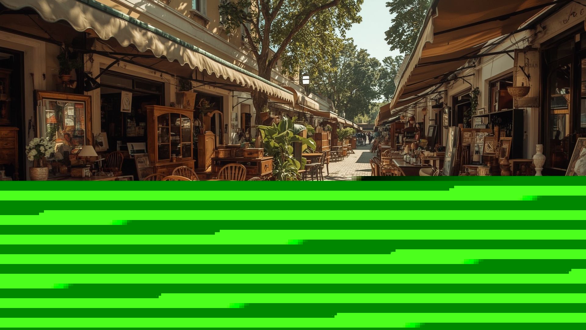 Sunlit outdoor vintage furniture market with rows of secondhand wooden chairs tables and dressers
