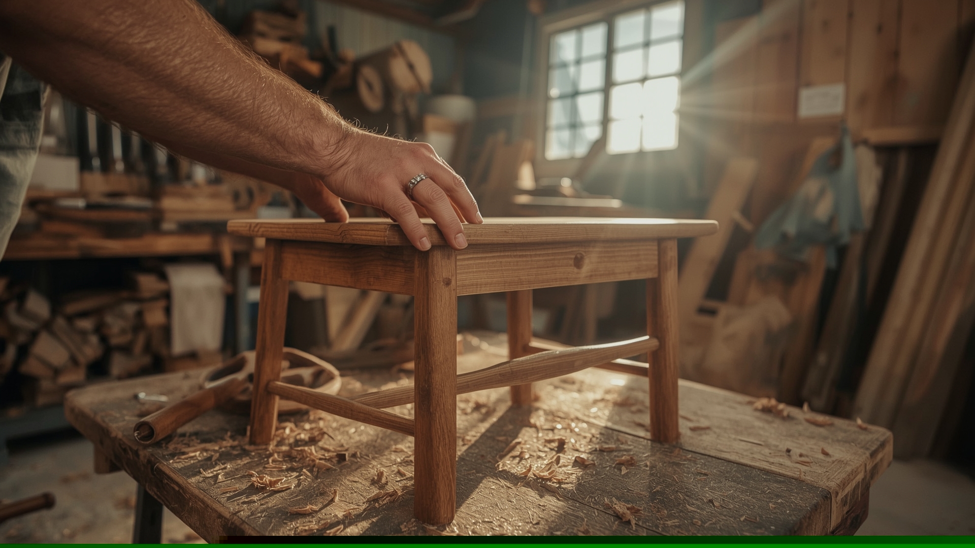 Craftsperson inspecting solid wood furniture joinery in sunlit workshop showcasing FSC certified sourcing
