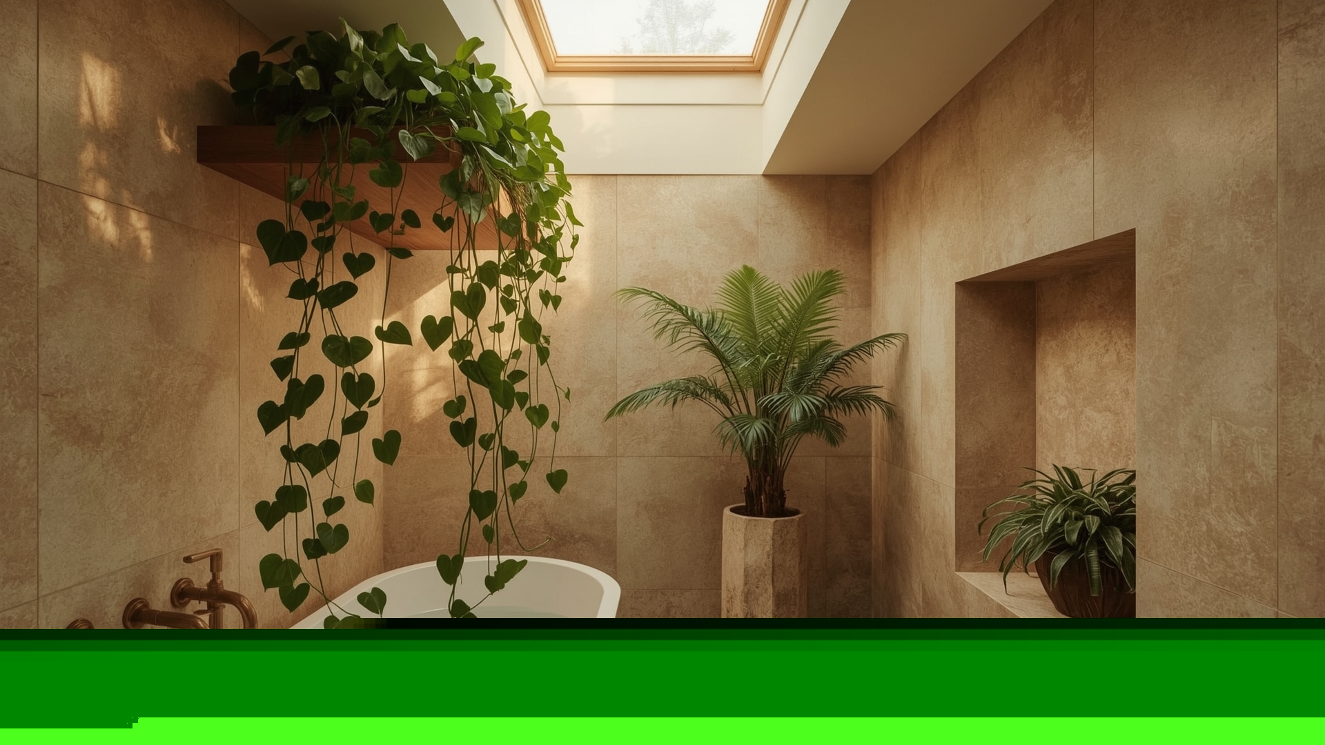 Humidity-tolerant pothos and ferns displayed in a natural stone biophilic bathroom interior