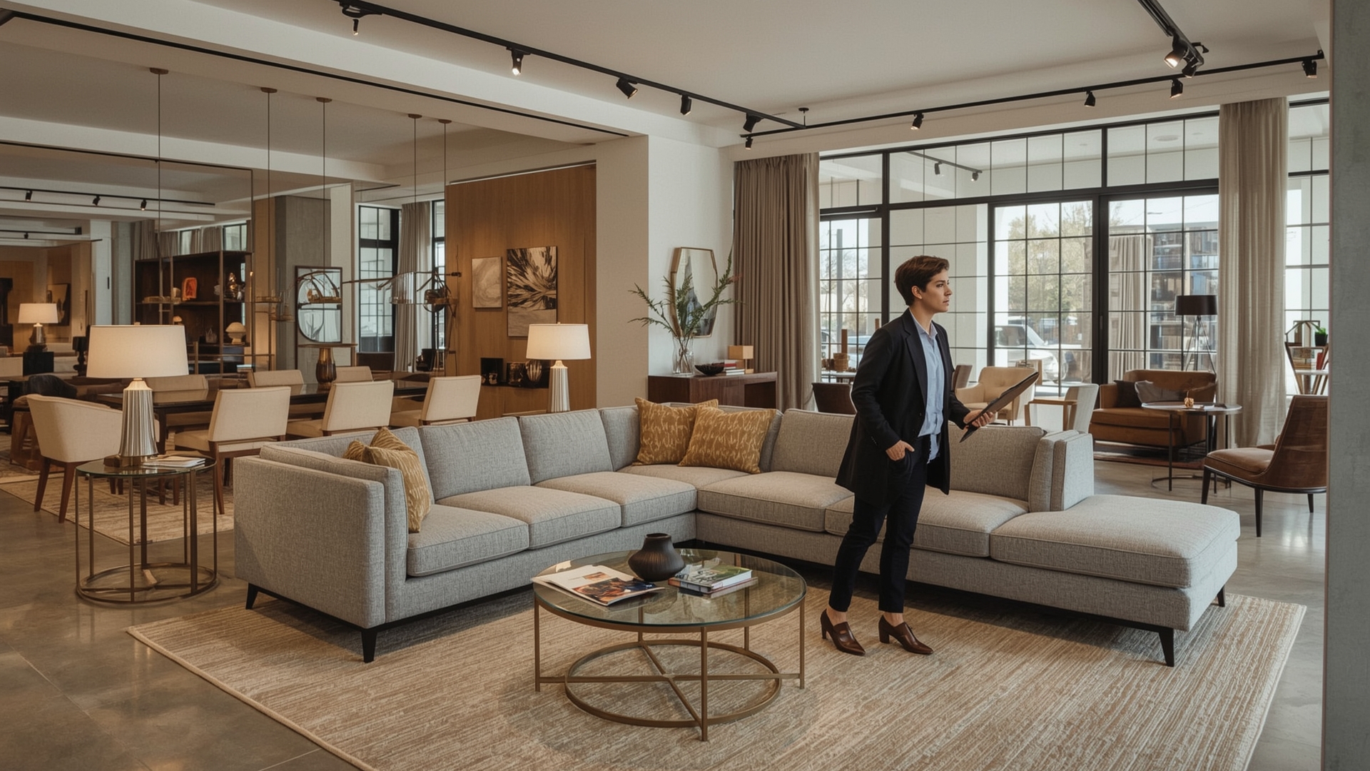 Interior designer reviewing furniture options in an upscale trade showroom