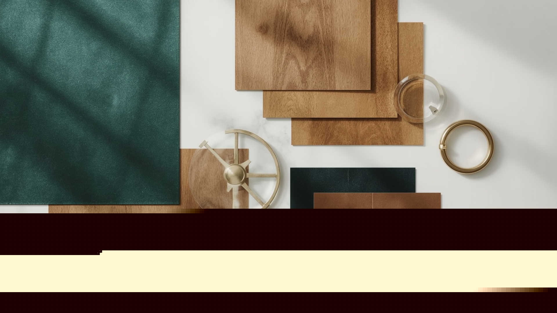 Luxury furniture material swatches including velvet fabric and polished wood veneer samples