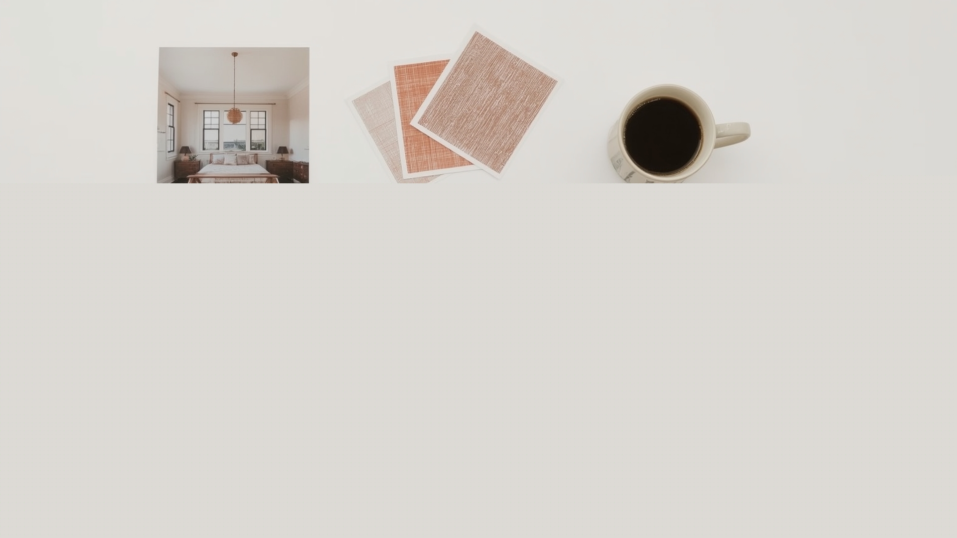 Overhead flat lay of interior design inspiration photos fabric swatches and paint samples on white table