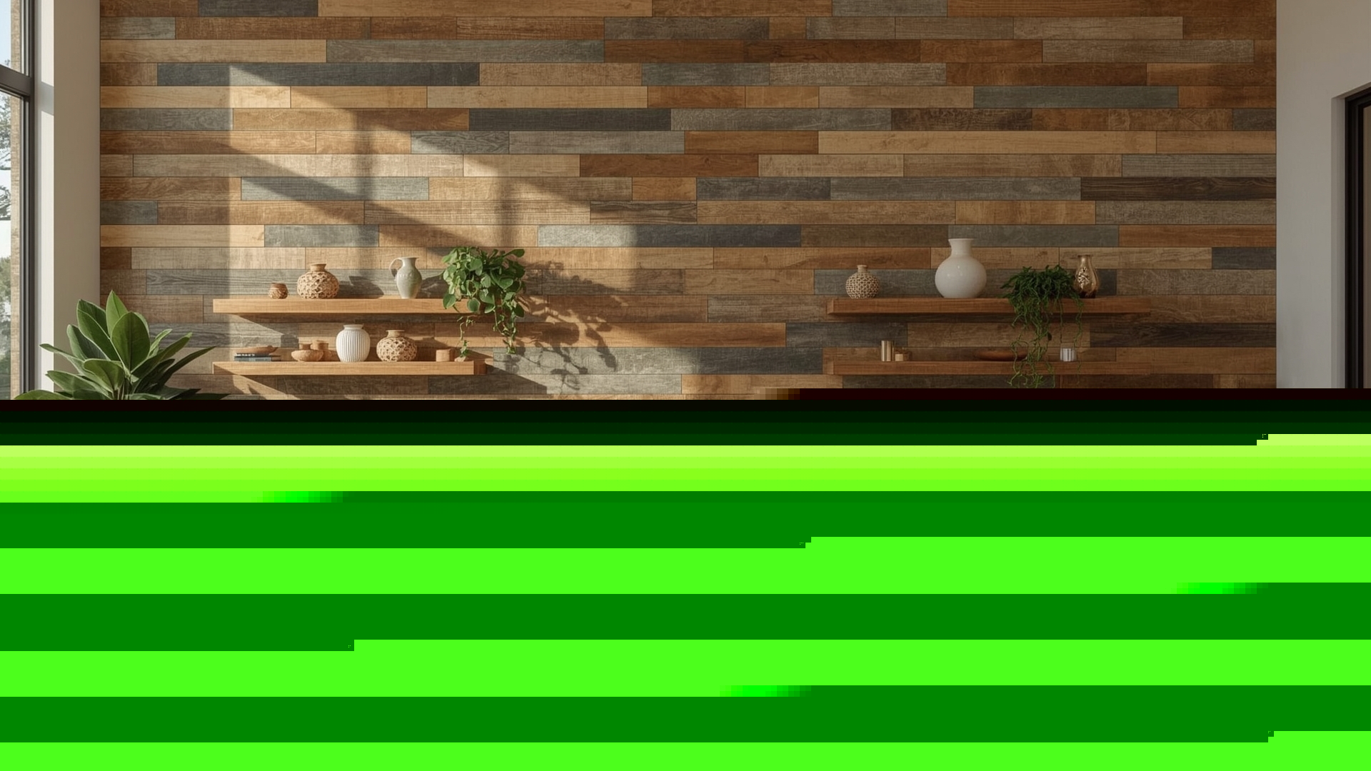 Reclaimed wood accent wall and floating shelves styled in a modern farmhouse living room