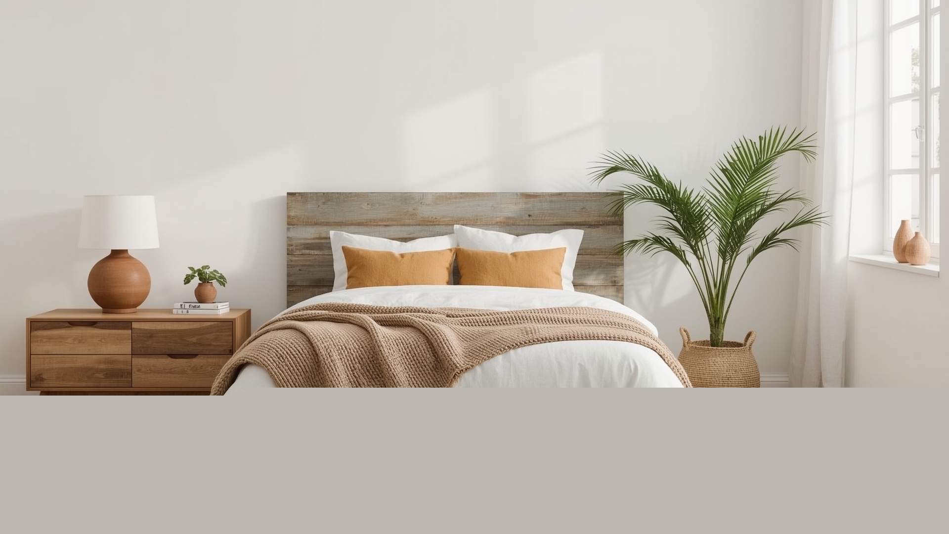 Reclaimed wood headboard in an organic modern bedroom with linen bedding and plants