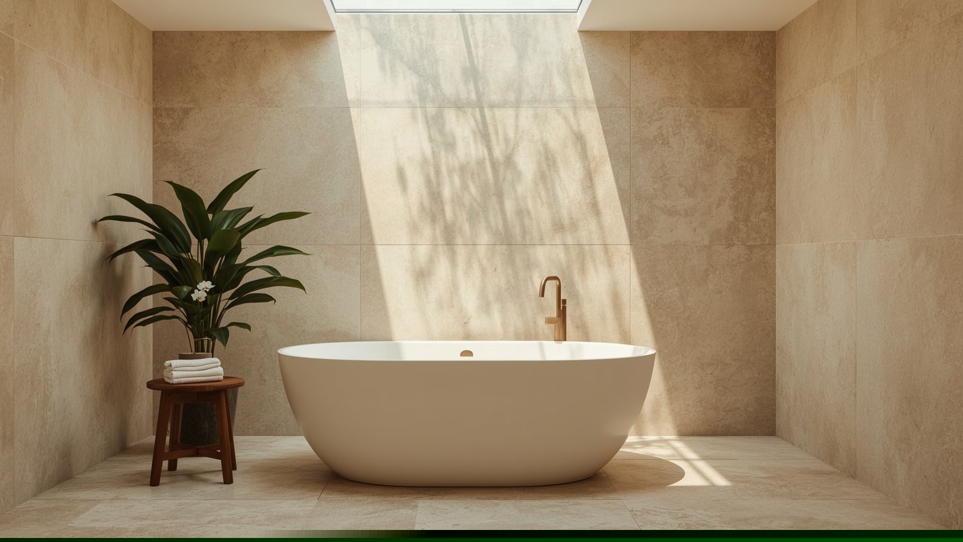 Stone resin freestanding oval tub beneath skylight in a natural stone biophilic bathroom