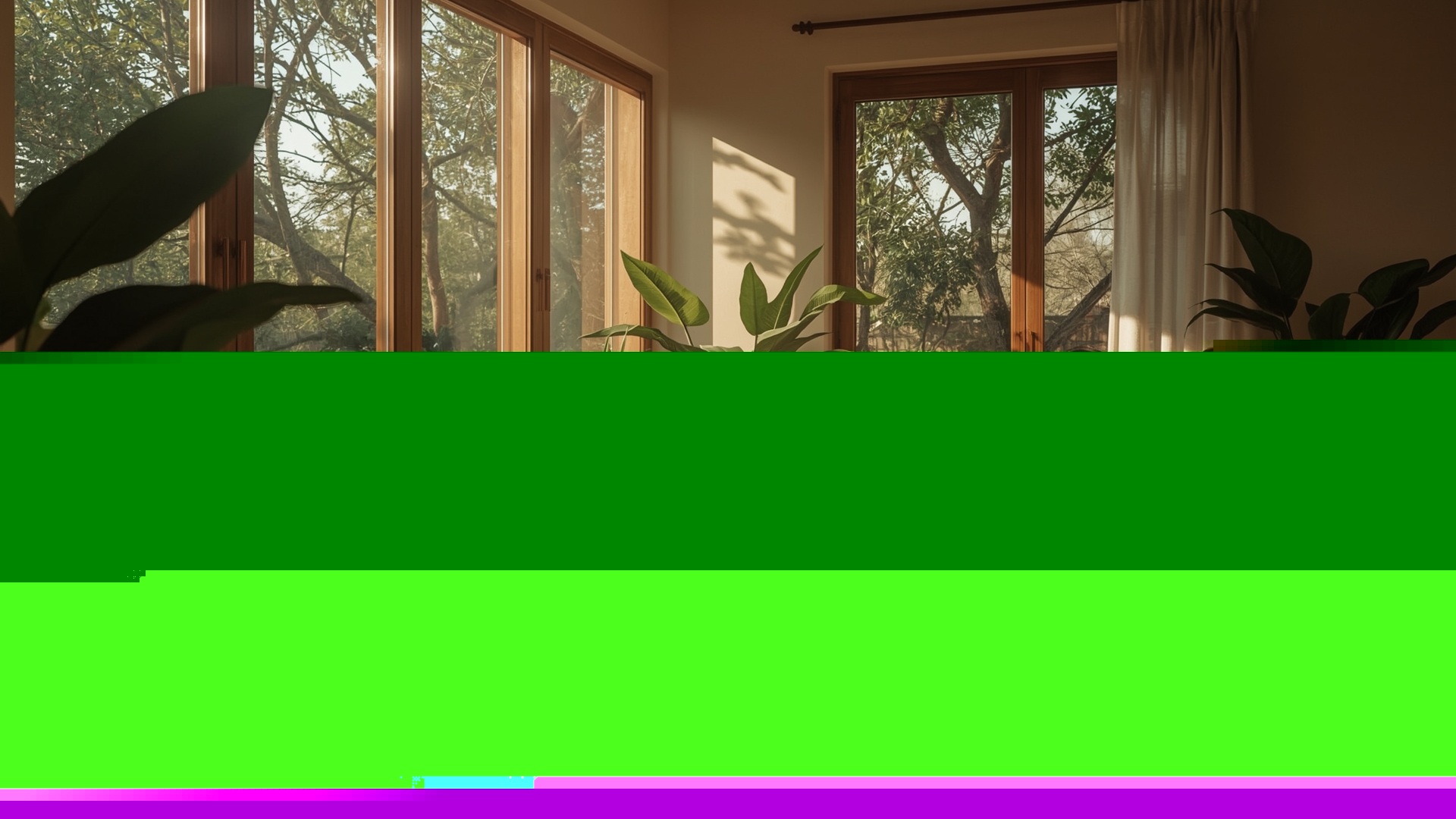 Sunlit biophilic living room with plants and natural materials evoking psychological calm